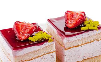 Strawberry Cream Cake on white plate photo