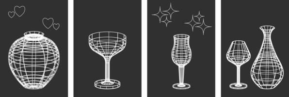 Set of flutes, glasses and vases of wire frame figures. Black and white linear retro design elements. 3D. Y2k . Vector illustration for social media or posters. Vector illustration