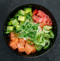 A bowl of salmon poke with avocado photo