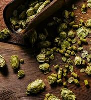 Fresh green hops on wooden table photo