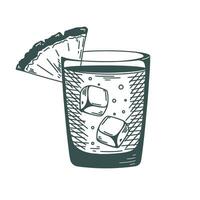 Cold drink with ice and pineapple ink sketch vector