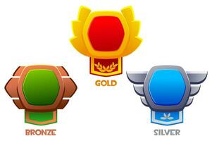 Game level bronze, silver, and gold badges. Empty award badges with royal banners and UI icons. Isolated bonus graphic elements, reward, trophy achievement, and prize. Cartoon vector set