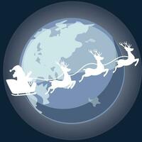 Cartoon night moon with the silhouette of Santa Claus in the sleigh. Christmas day or Happy New Year. vector