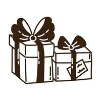 Isolated hand drawn doodle two gift boxes with bows. Flat vector illustration on white background. New Year, Merry Christmas. For card, invitation, poster, banner.