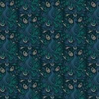 Diagonal Pattern of Metallic Blue and Green Peacock Feathers on Dark Blue Background vector