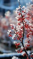 invierno rojo árbol cubierto por nieve ai generado foto