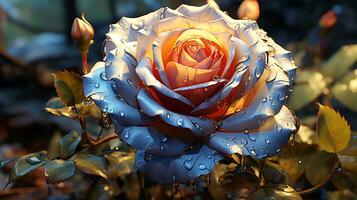 Blue rose flower sunset sky yellow light on golden hours AI generated photo