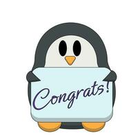 Cute cartoon Penguin with congratulation on the poster in color vector