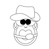 Cute Avocado Cowboy with a heart shaped stone in black and white vector