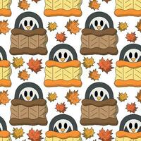 Seamless pattern with Cute Penguin in sweater and leaf vector