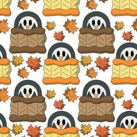 Seamless pattern with Cute Penguin in sweater and leaf vector