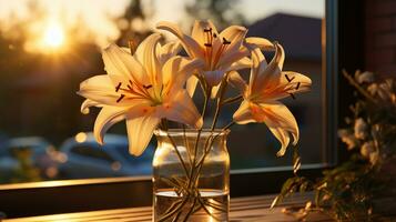 Lily plant in vas photo realistic on evening sun AI Generated