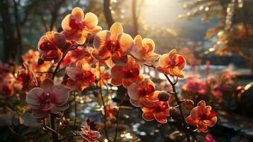 Orchid flower sunset or sunrise sky yellow light on golden hours AI generated photo