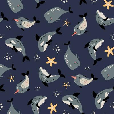 Seamless pattern with sea creatures. Whales, sharks, sperm whales, narwhals.