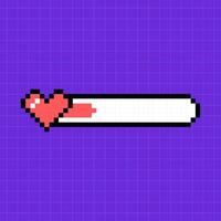 Pixel game life bar in red color on a bright purple background. Heart icon, illustration in 8-bit retro game style, controller. vector