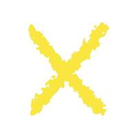 Textured yellow doodle hand drawn cross, checkmark isolated on white background. Minimalistic vector element in bright color.