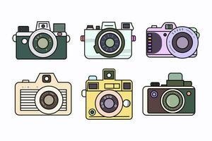 Clipart set of retro cameras isolated on a light background. Playful colorful film cameras in vintage colors. vector