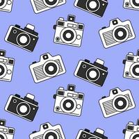 Bright seamless pattern of three black and white cameras of different shapes on a pastel blue background. Doodle retro film camera, wrapping paper, background. vector