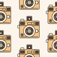 Minimalistic seamless pattern orange vintage camera in retro colors, isolated on a light background. Background, backdrop, wrapping paper, sepia tone. vector