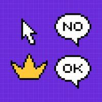 Clipart set of pixel elements in 8-bit style on a bright purple checkered background. Dialog boxes, crown icon and pointer. vector