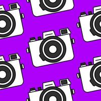 Bright seamless pattern minimalistic black and white camera on a purple background. Doodle retro film camera, wrapping paper, background. vector