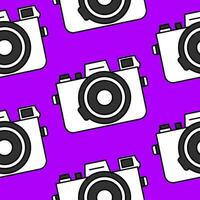 Bright seamless pattern minimalistic black and white camera on a purple background. Doodle retro film camera, wrapping paper, background. vector