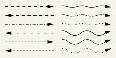 un conjunto de Derecho Delgado negro flechas de diferente formas minimalista punteado señales, juguetón líneas aislado en cuaderno sábana antecedentes. vector
