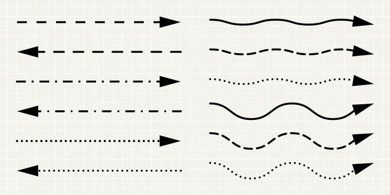 A set of straight thin black arrows of different shapes. Minimalistic dotted signs, playful lines isolated on notebook sheet background.