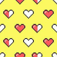 Seamless pattern of pixel elements in 8-bit style isolated on a yellow background. Heart shaped icons, retro game. vector
