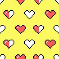 Seamless pattern of pixel elements in 8-bit style isolated on a yellow background. Heart shaped icons, retro game. vector