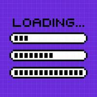 Illustration of pixel elements in 8-bit style isolated on a bright purple background. Loading line in an old retro game, three loading bars. vector