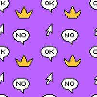 Seamless pattern of pixel elements in 8-bit style on a bright purple checkered background. Dialog boxes, crown icon and pointer. vector