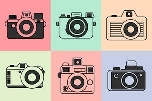 Clipart set of minimalistic retro camera doodles on a background of bright blocks. Playful vintage film cameras, seamless geometric pattern. vector