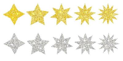 Clipart set of glitter stars of different shapes in gold and silver colors. Bright vector holiday decor elements.