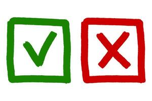 clipart conjunto de grueso verde marca de verificación y rojo cruzar en un cuadrado marco aislado en un blanco antecedentes. vector texturizado elementos, que hacer lista, mano dibujado garabatear.