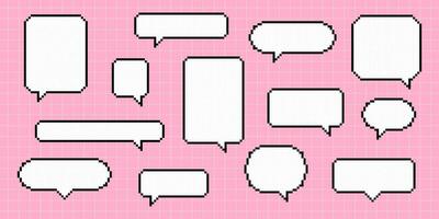 Clipart set of pixel elements in 8-bit style on a bright pink checkered background. Dialog boxes of different shapes and sizes. vector