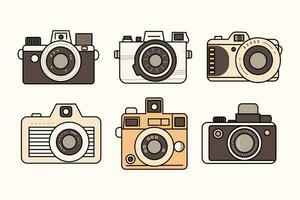 Clipart set of retro cameras isolated on a light background. Playful vintage film cameras in sepia tones. vector