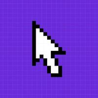Pixel pointer of a computer mouse on a bright purple background. Arrow icon, illustration in 8-bit retro game style, controller. vector