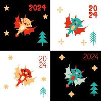 Magical vector card collection with flying dragon in the sky. New Year 2024 cartoon character set. Great design for any purpose.