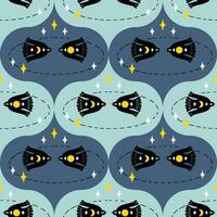 Damask style seamless pattern with flying moon birds in the space. Magic print for tee, paper, textile and fabric. Doodle vector illustration.