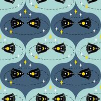 Damask style seamless pattern with flying moon birds in the space. Magic print for tee, paper, textile and fabric. Doodle vector illustration.