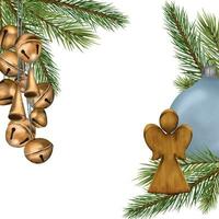 marco de abeto árbol ramas con Navidad adornos, cascabeleo campanas digital ilustración. abeto sucursales. de madera juguete ángel aislado en blanco. elemento para diseño Navidad paquete, tarjeta, invitación vector