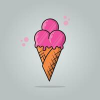 Melting ice cream balls in the waffle cone isolated on white background. Vector flat outline icon