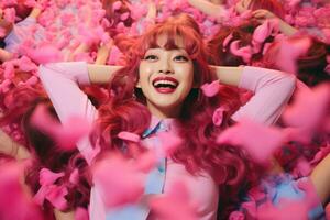 a woman with long red hair surrounded by pink hearts generative ai photo