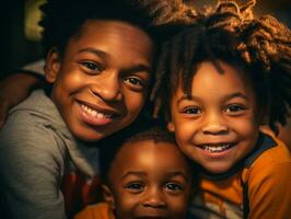 Tres joven niños son sonriente para el cámara generativo ai foto