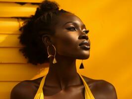 hermosa africano mujer en amarillo vestir y pendientes generativo ai foto