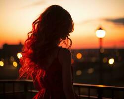 a woman with long red hair standing on a balcony at sunset generative ai photo