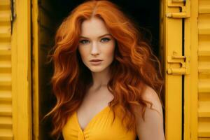 a woman with long red hair standing in front of a yellow door generative ai photo