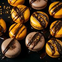 varios macarons con chocolate y naranja llovizna en un negro antecedentes generativo ai foto