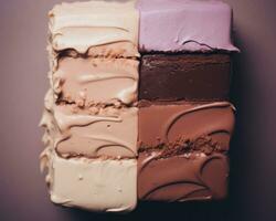 four different colored cakes on a purple background generative ai photo